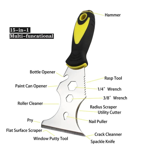 15 in 1 Multi Use Putty Knife Stainless Steel Paint Scraper Removal Construction Tool for Wallpaper Can Opener Home DIY